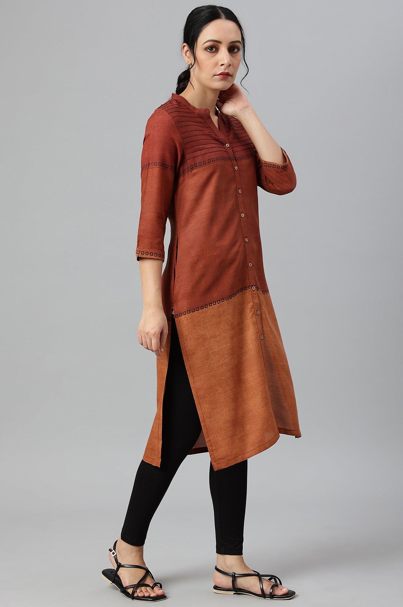 Red Pintuck Colour Block kurta - wforwoman
