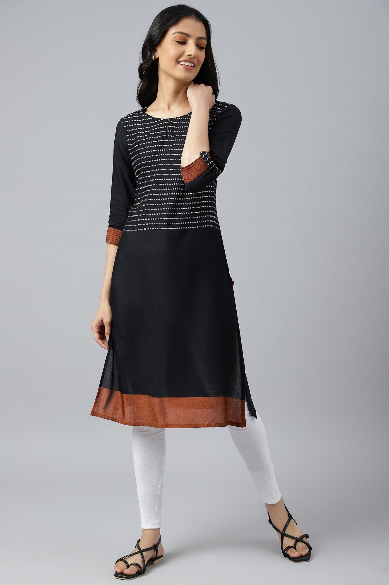 Black Dobby Colour Blocked kurta - wforwoman