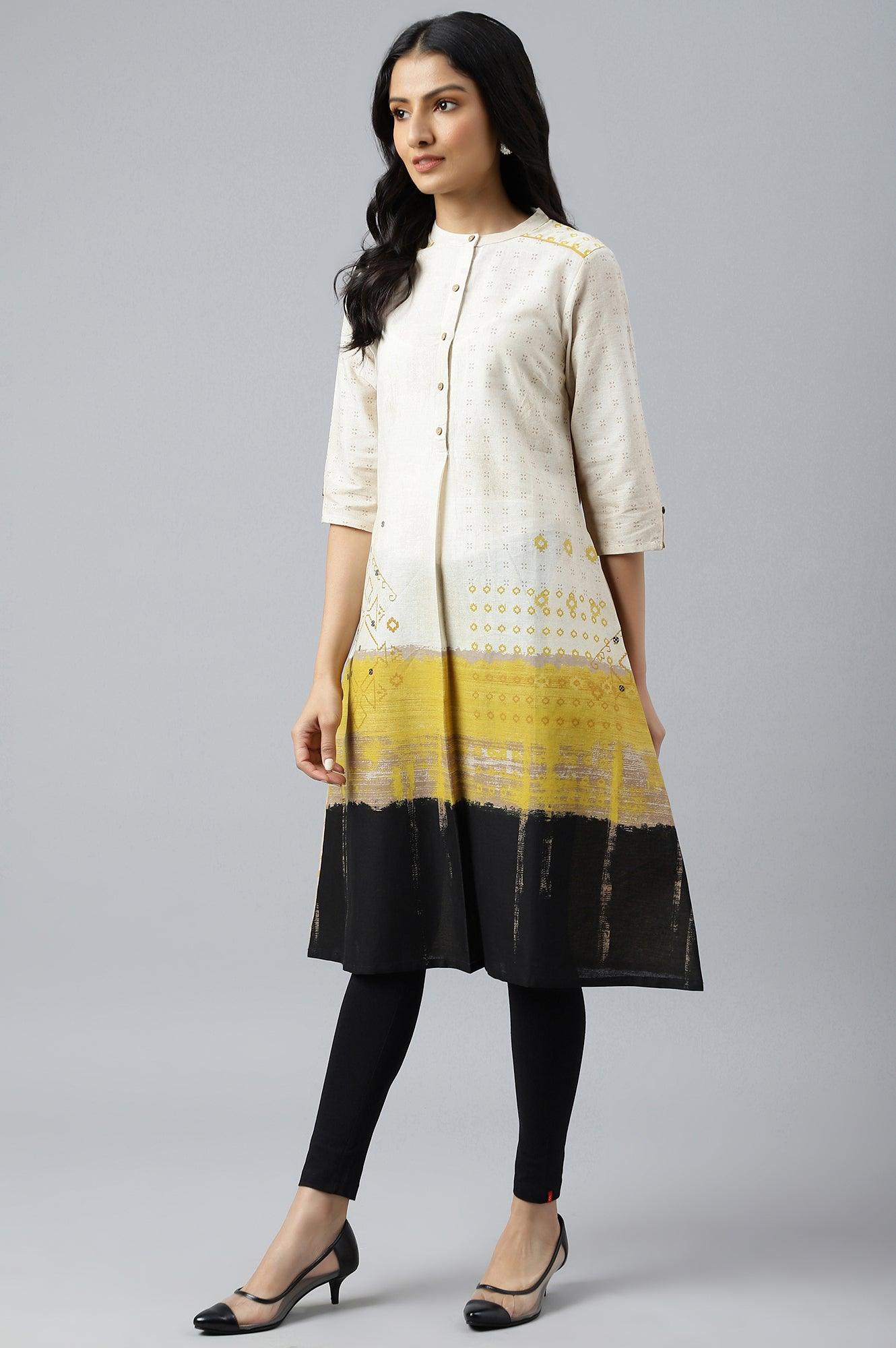 Ecru Geometric Print kurta In Mandarin Collar - wforwoman
