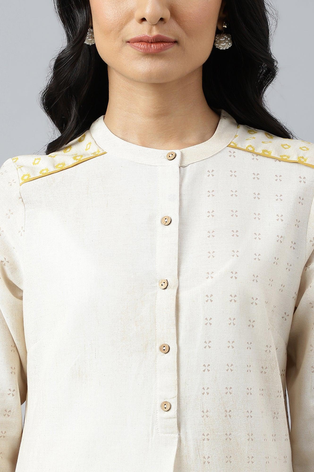 Ecru Geometric Print kurta In Mandarin Collar - wforwoman