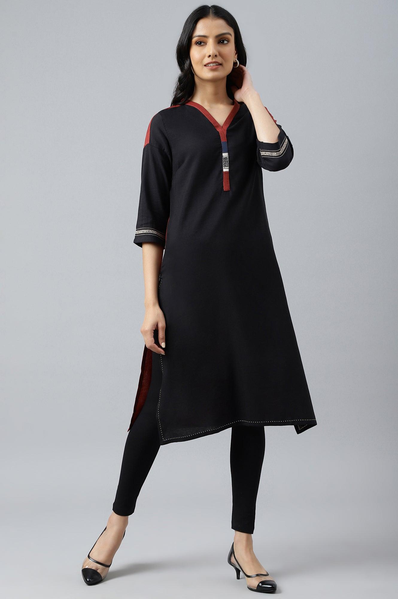 Black Solid kurta With Printed Placket - wforwoman