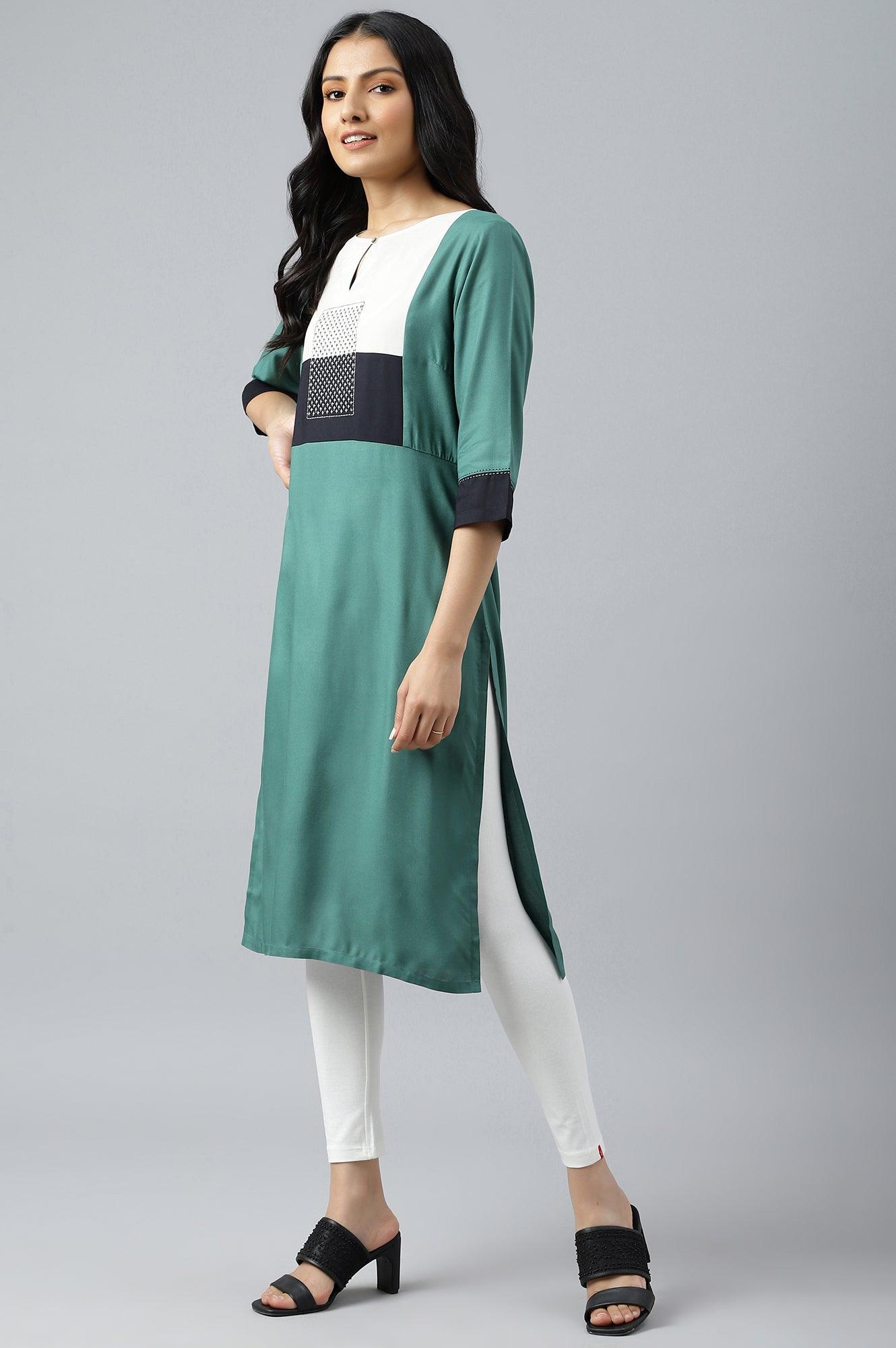 Green Solid kurta With Ecru And Black Yoke - wforwoman