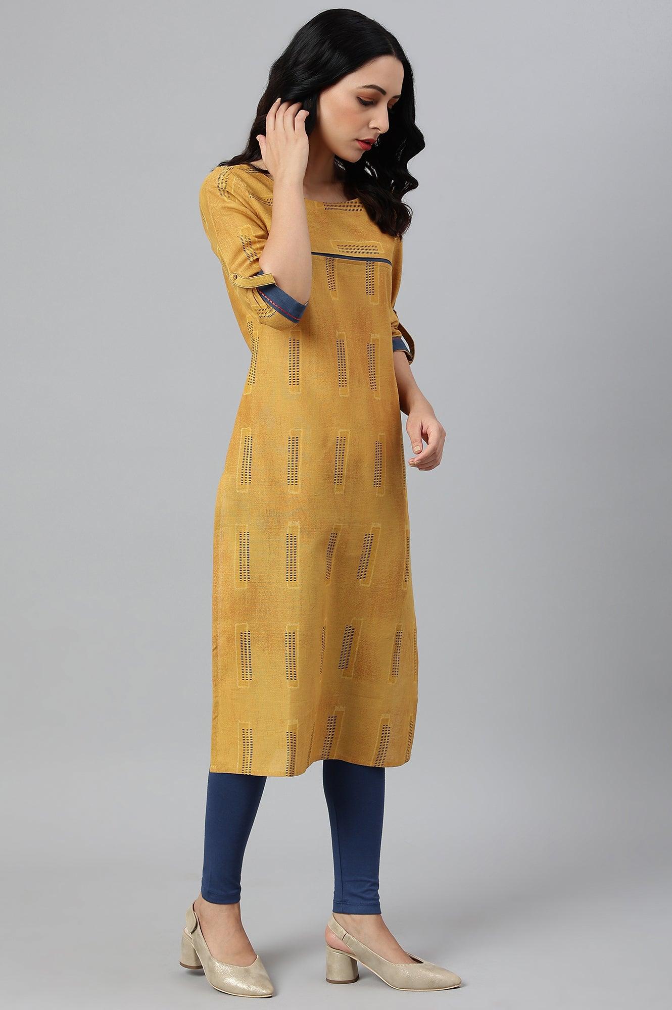 Mustard Kantha Printed Contemporary kurta - wforwoman