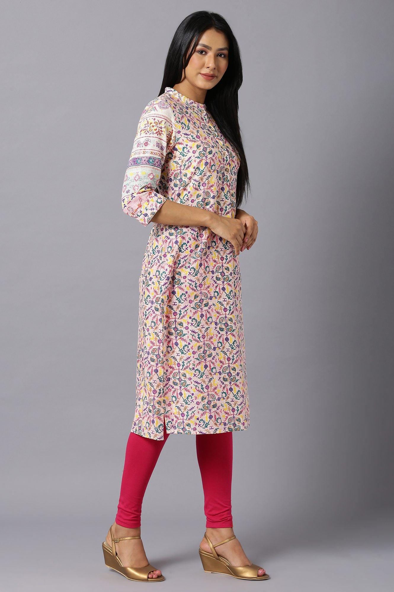 Ecru A-Line kurta With Multi-Coloured Floral Print - wforwoman