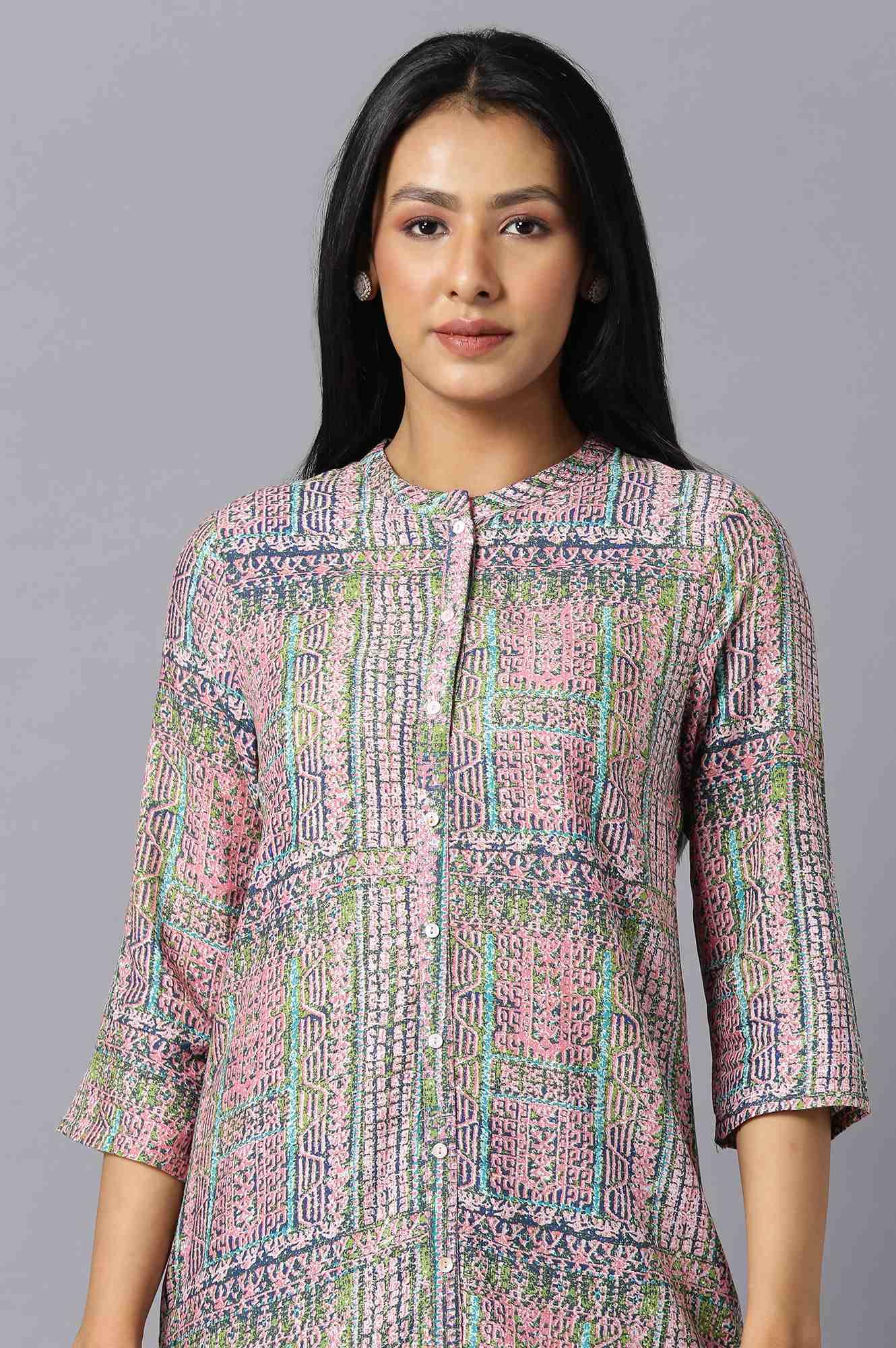 Lavender A-Line kurta With Multi-Coloured Floral Print - wforwoman