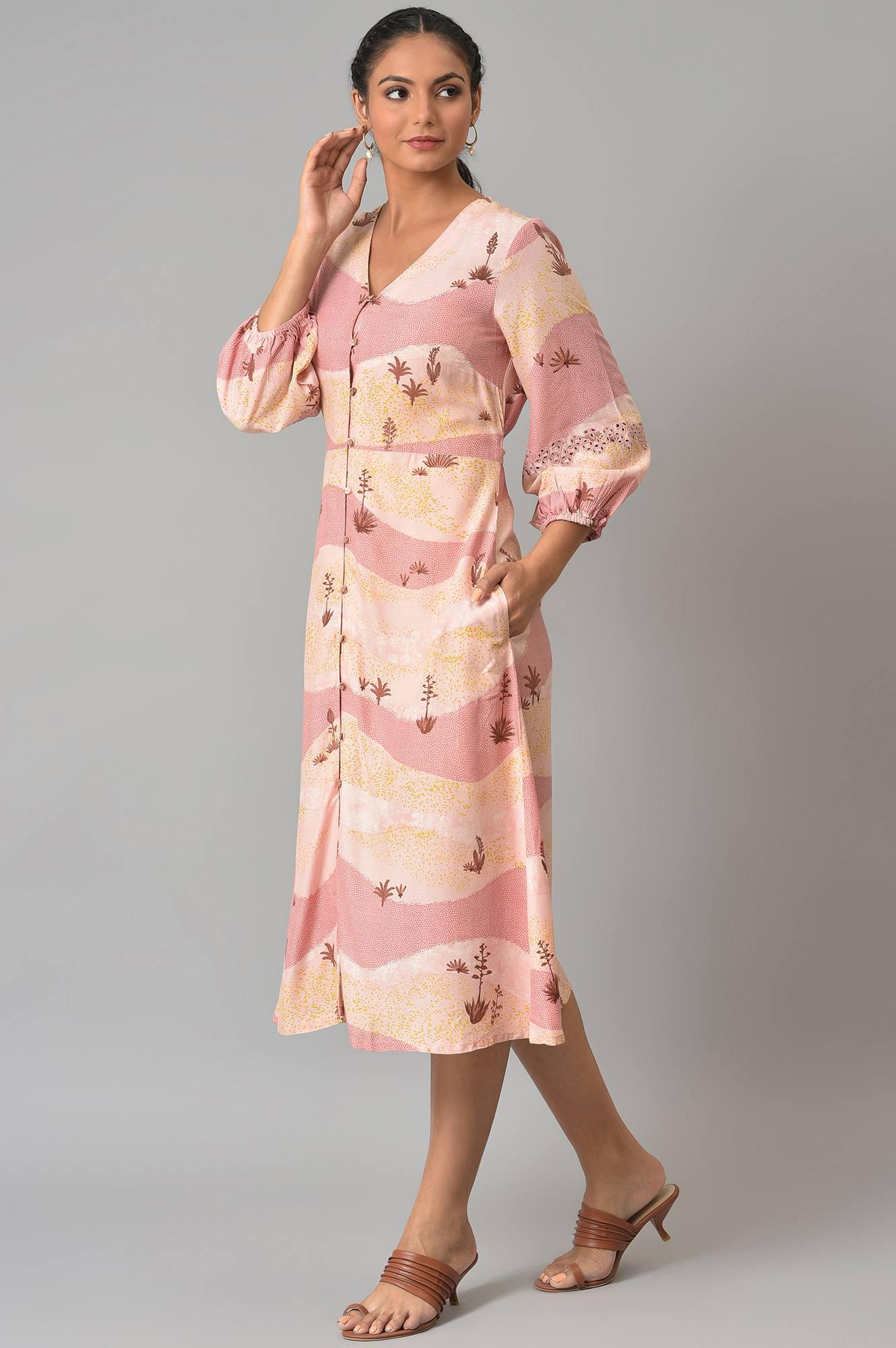 Coral Printed Flared Western Dress - wforwoman