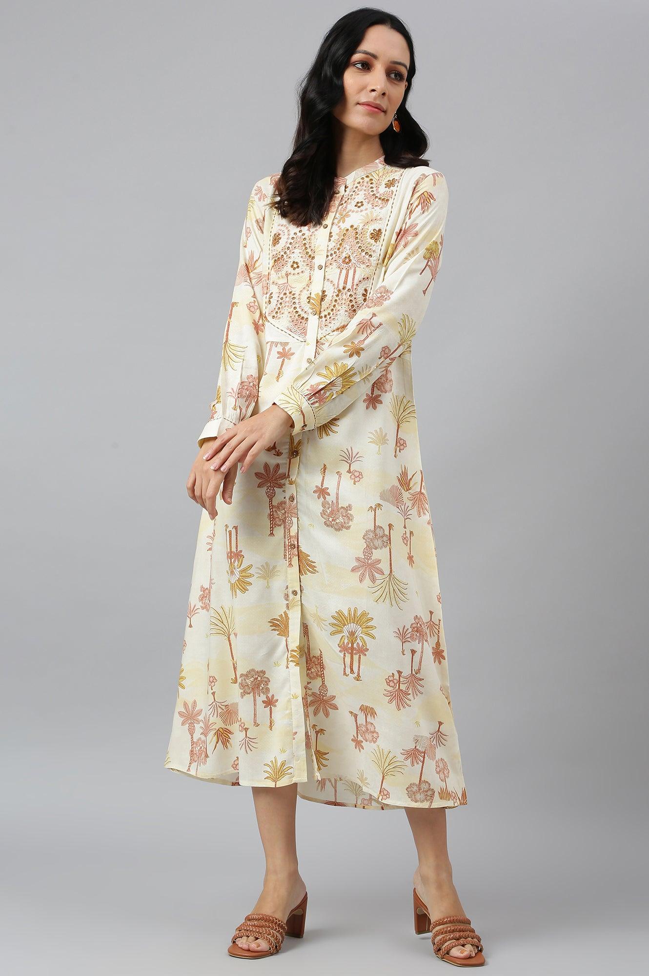 Ecru Embroidered A-Line Shirt Dress - wforwoman