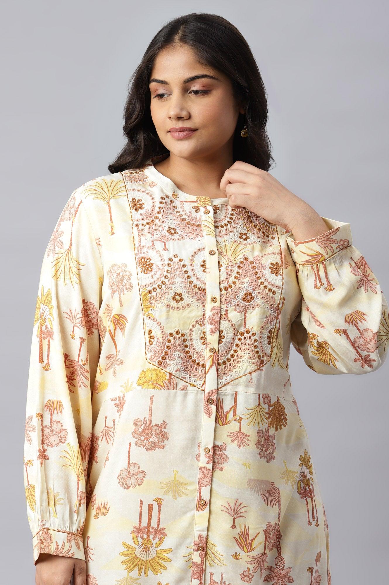 Plus Size Ecru Embroidered A-Line Shirt Dress - wforwoman