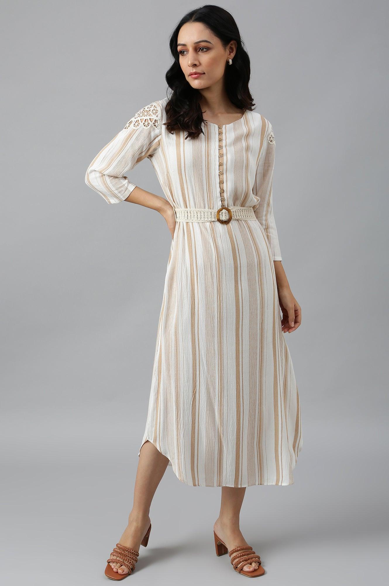 Buy Ecru And Brown Stripe Print Dress With Crochet Belt Online for Woman