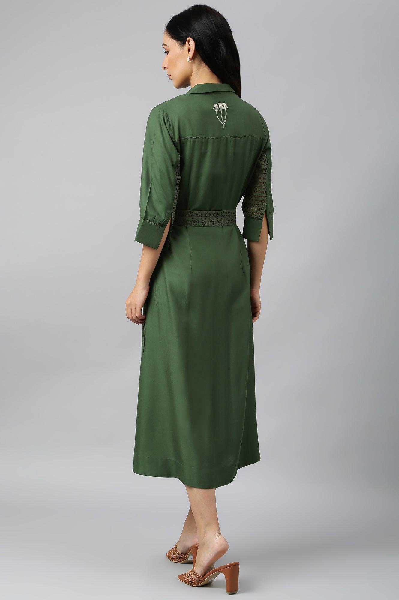 Green A-Line Embroidered Shirt Dress With Schiffli Belt - wforwoman