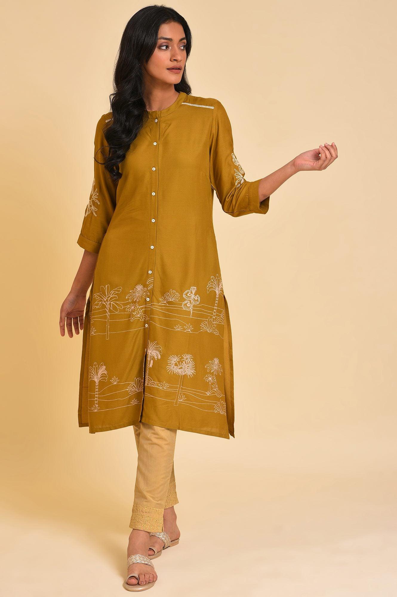 Yellow A-Line Button Down kurta - wforwoman