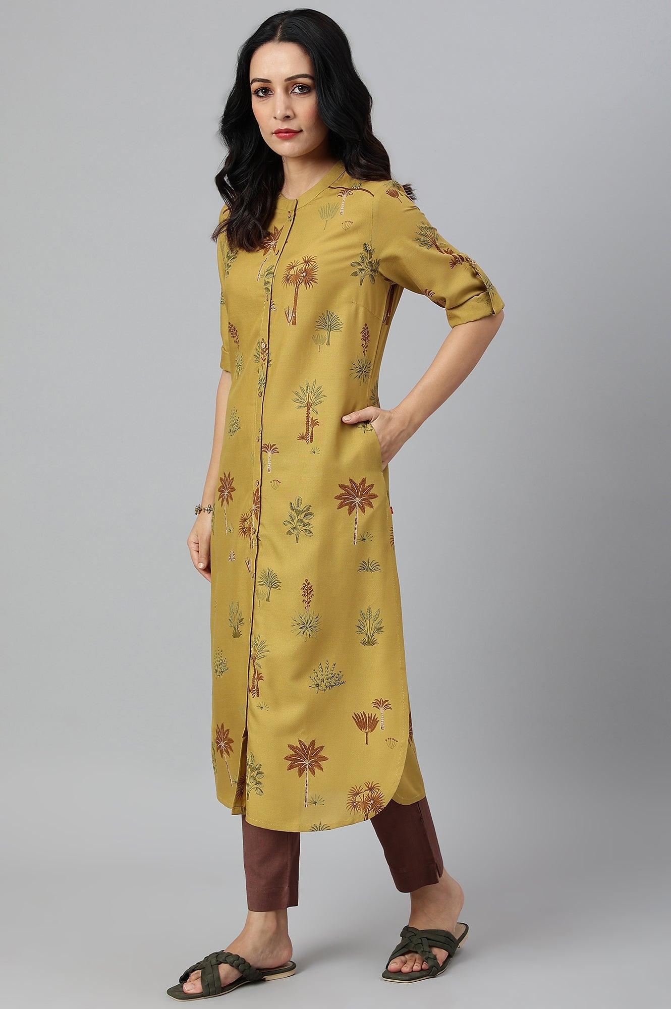 Mustard Rayon Printed Button Down kurta - wforwoman
