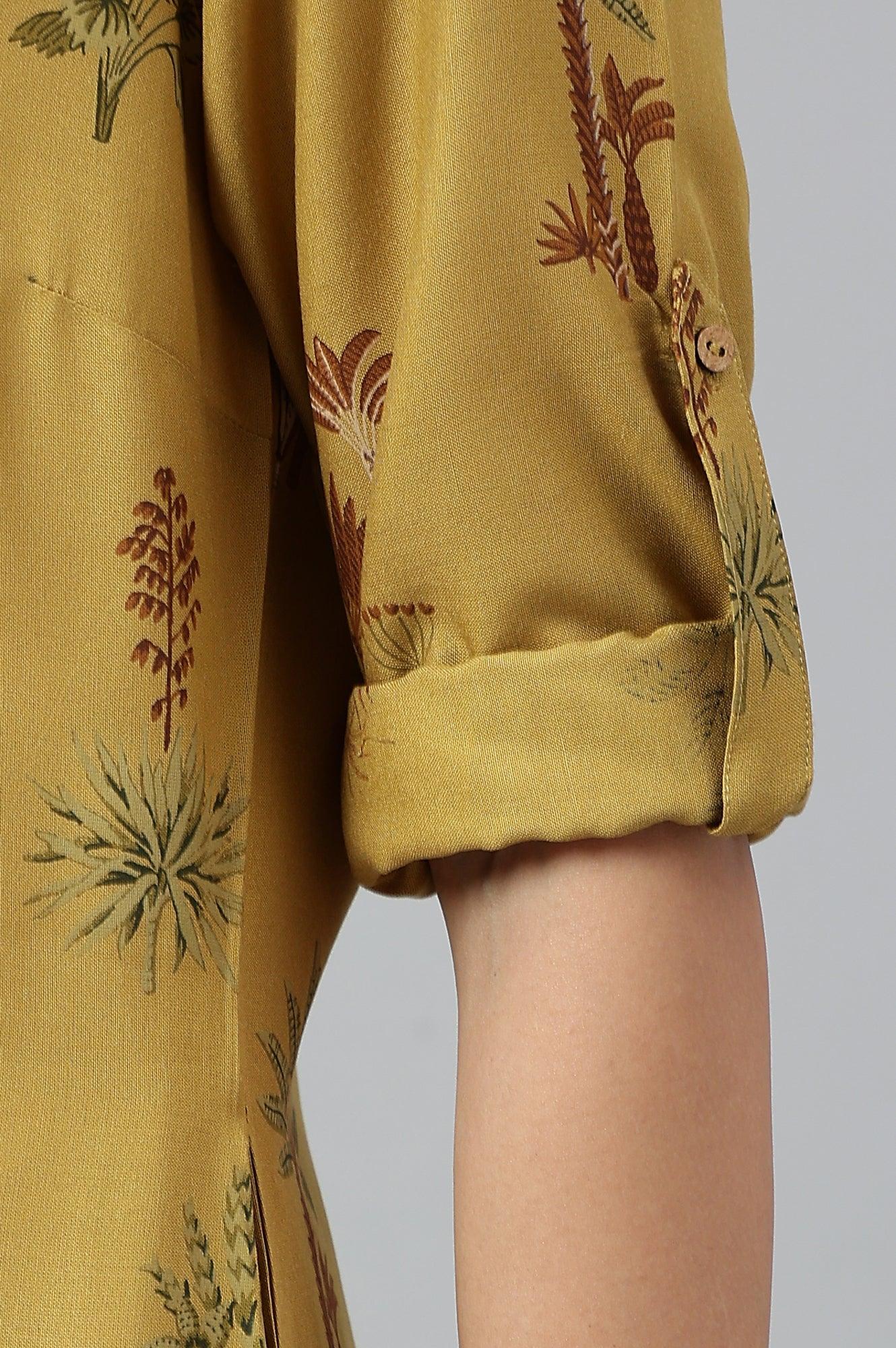 Mustard Rayon Printed Button Down kurta - wforwoman