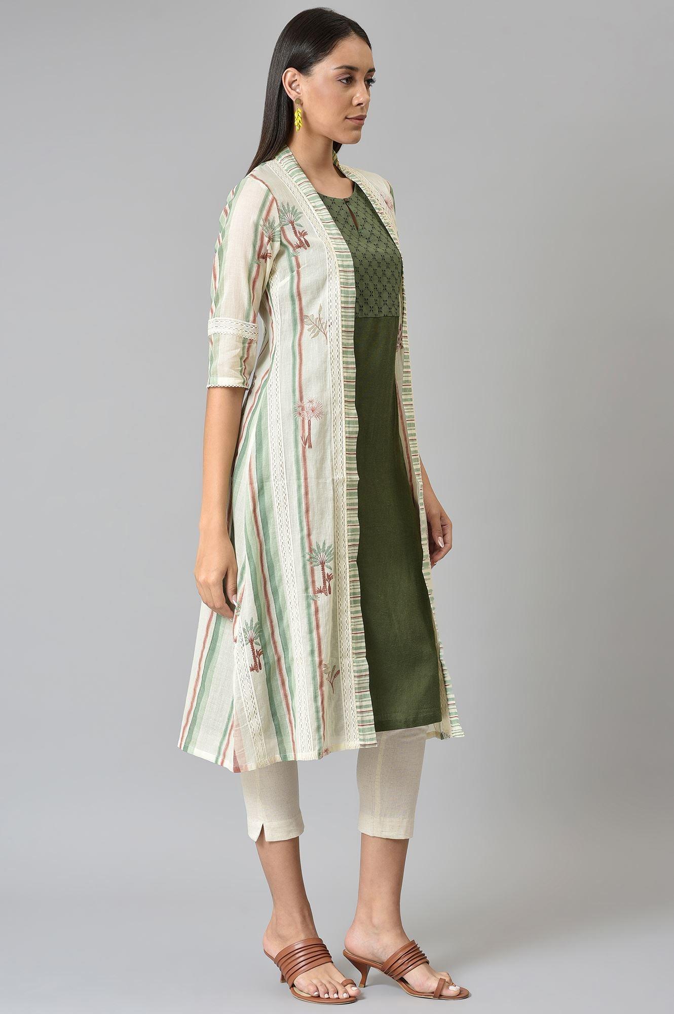 Green Schiffli kurta With Printed Jacket - wforwoman