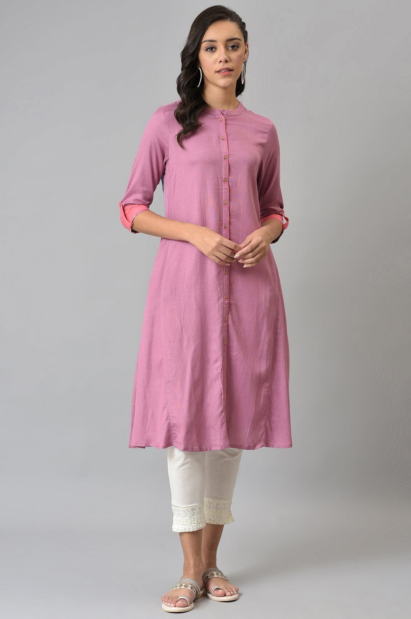Dark Pink Flared Rayon kurta With Printed Back - wforwoman