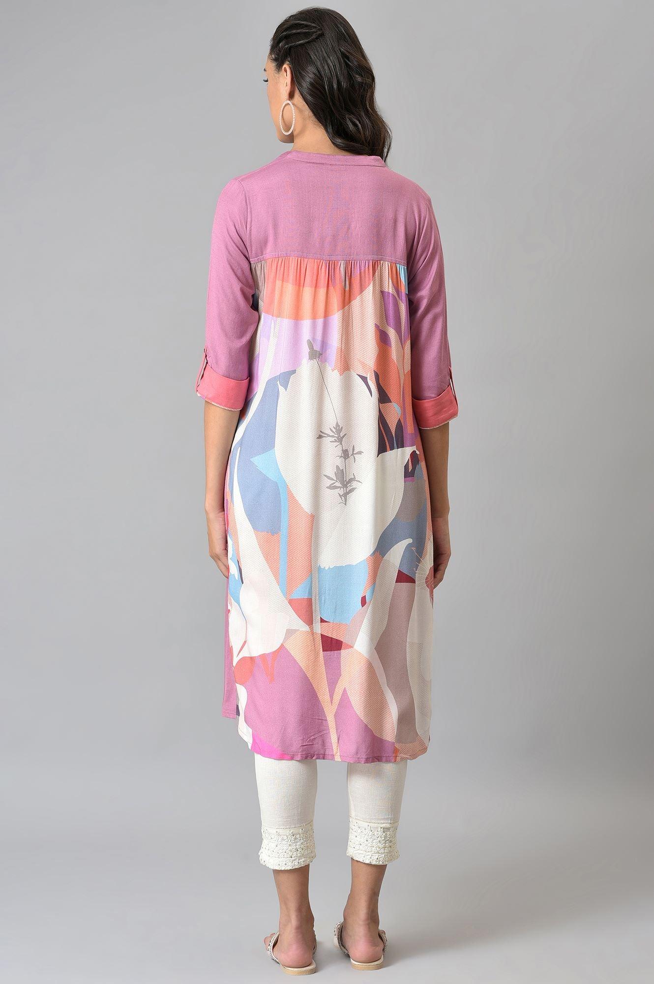 Dark Pink Flared Rayon kurta With Printed Back - wforwoman