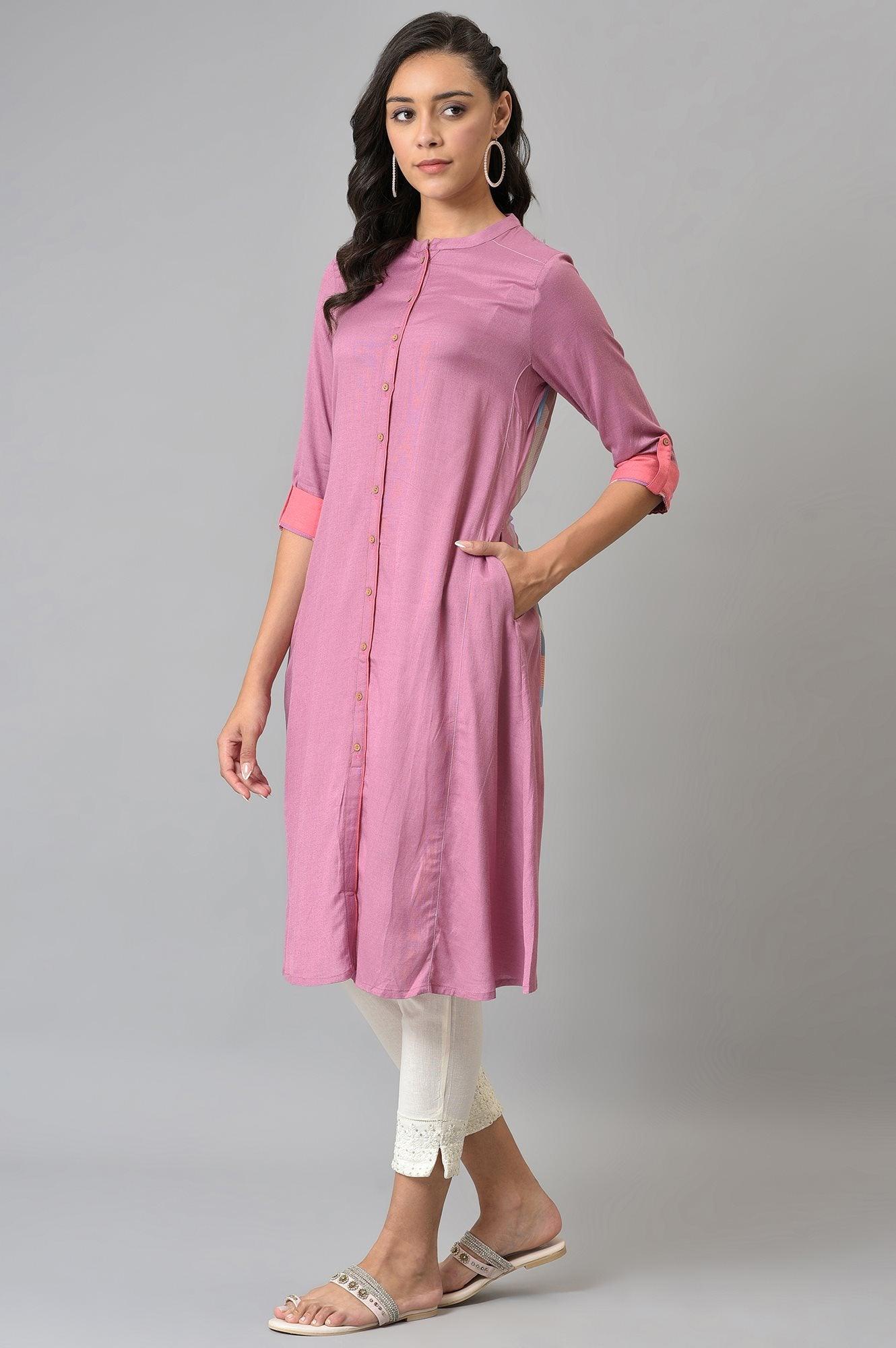 Dark Pink Flared Rayon kurta With Printed Back - wforwoman