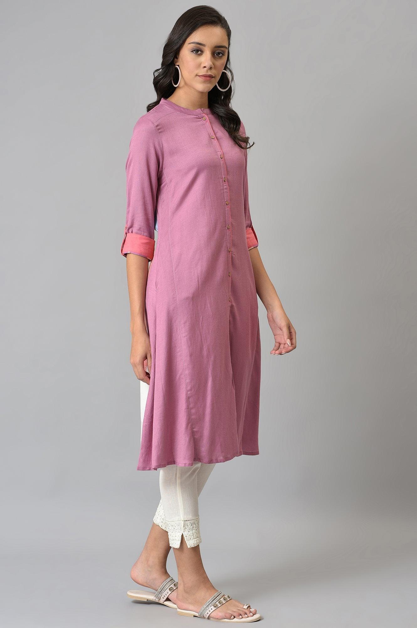Dark Pink Flared Rayon kurta With Printed Back - wforwoman