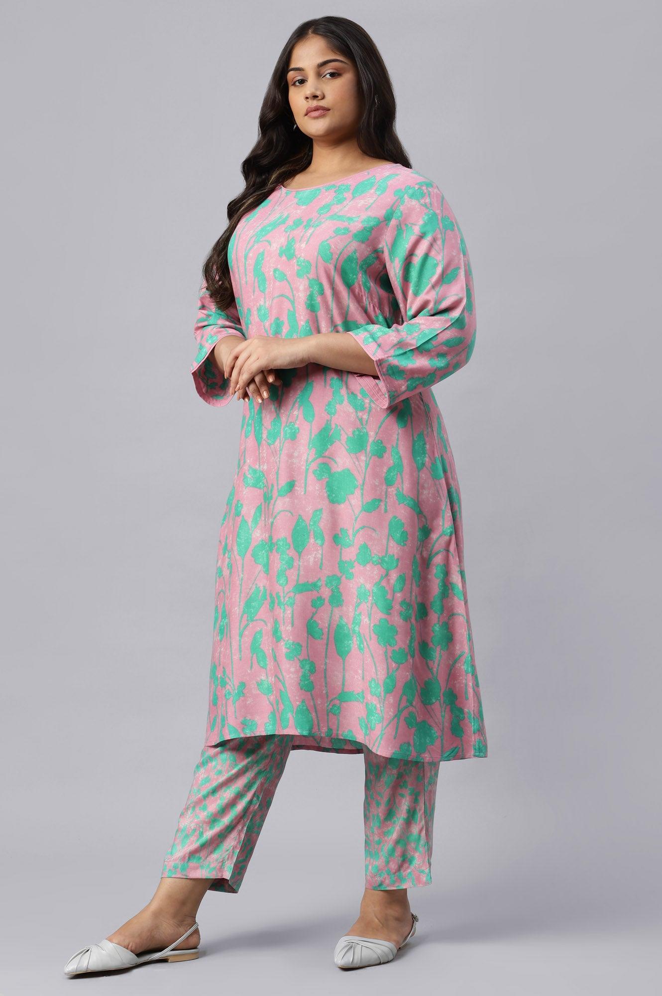 Light Purple Floral Print Plus Size kurta - wforwoman