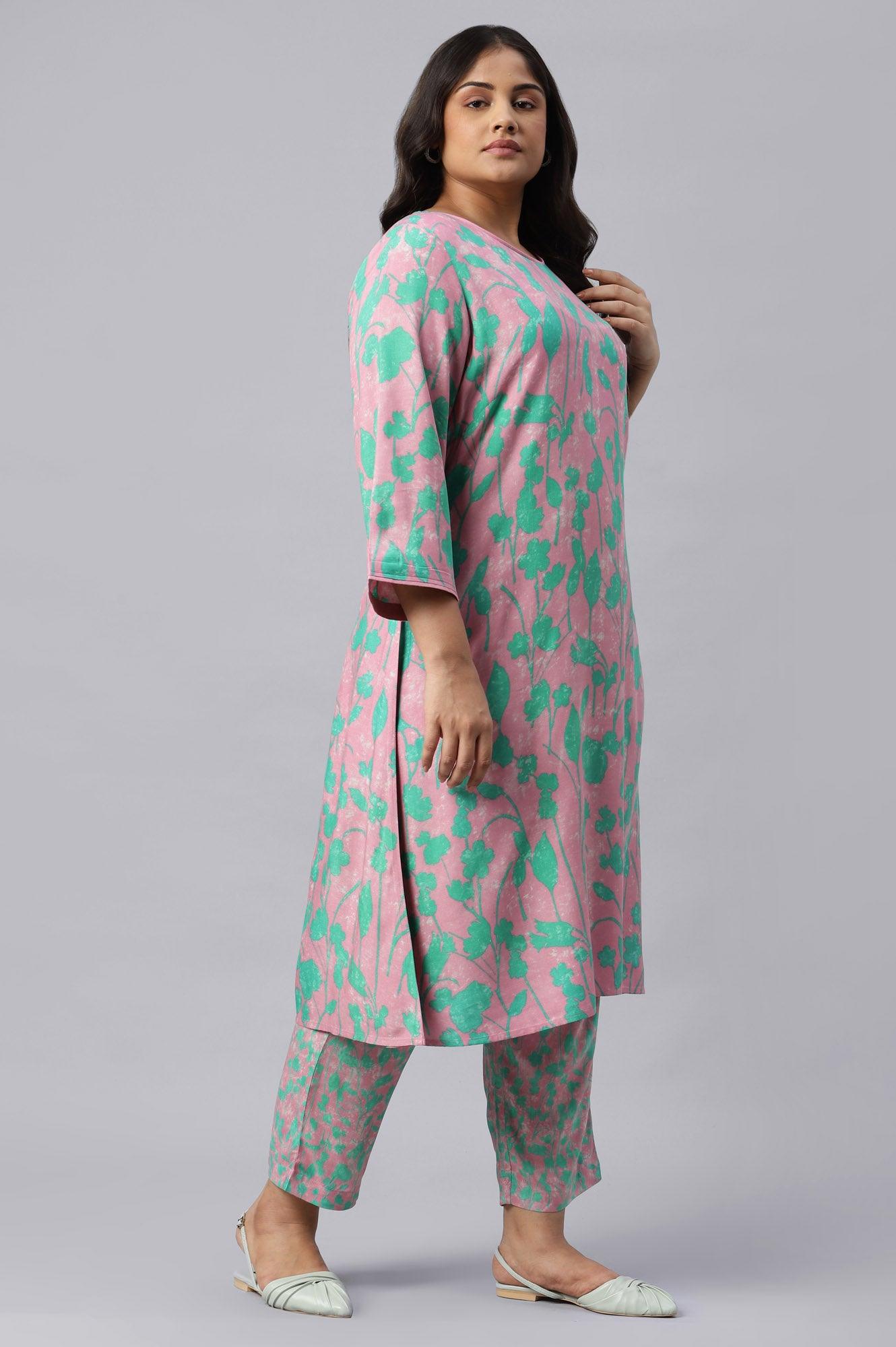 Light Purple Floral Print Plus Size kurta - wforwoman