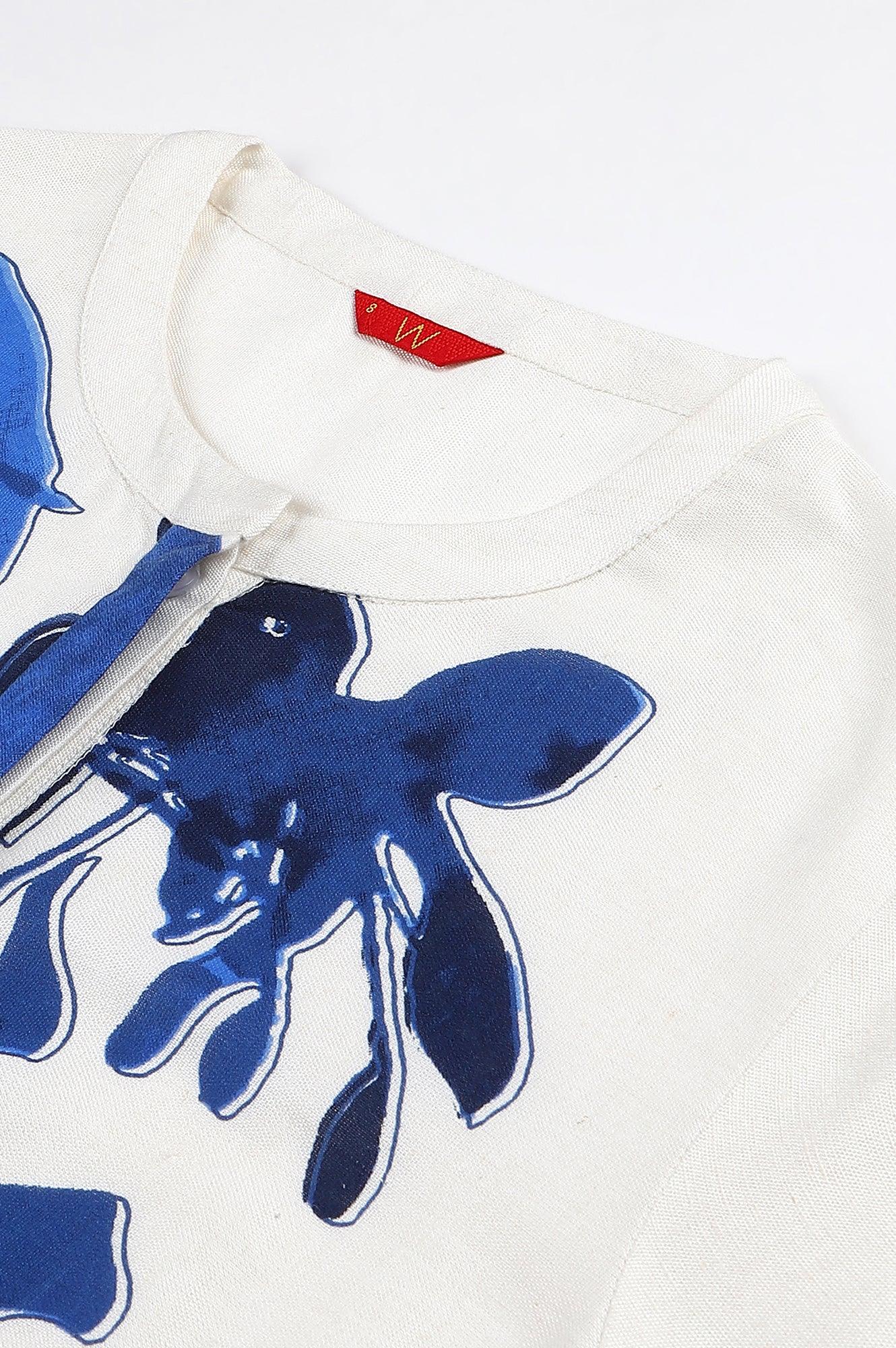 Ecru Placement kurta With Blue Floral Print - wforwoman