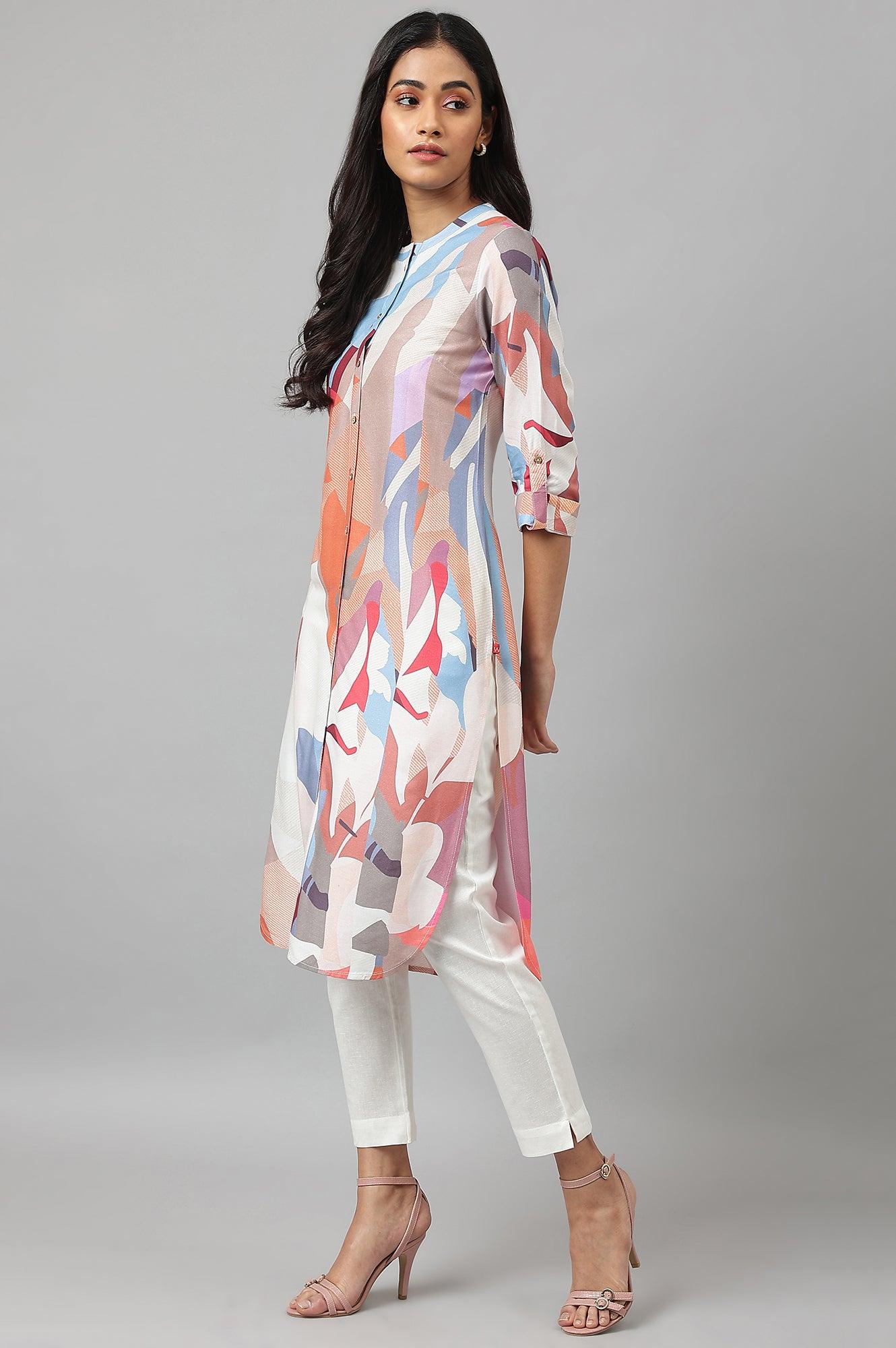 Multicoloured Full Placket Mandarin Collar kurta - wforwoman