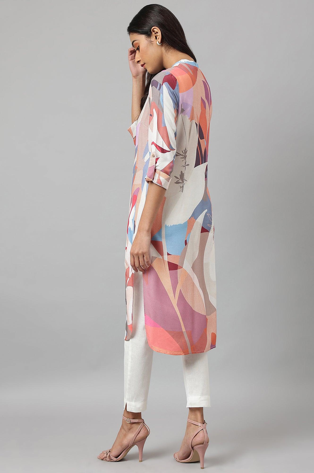 Multicoloured Full Placket Mandarin Collar kurta - wforwoman