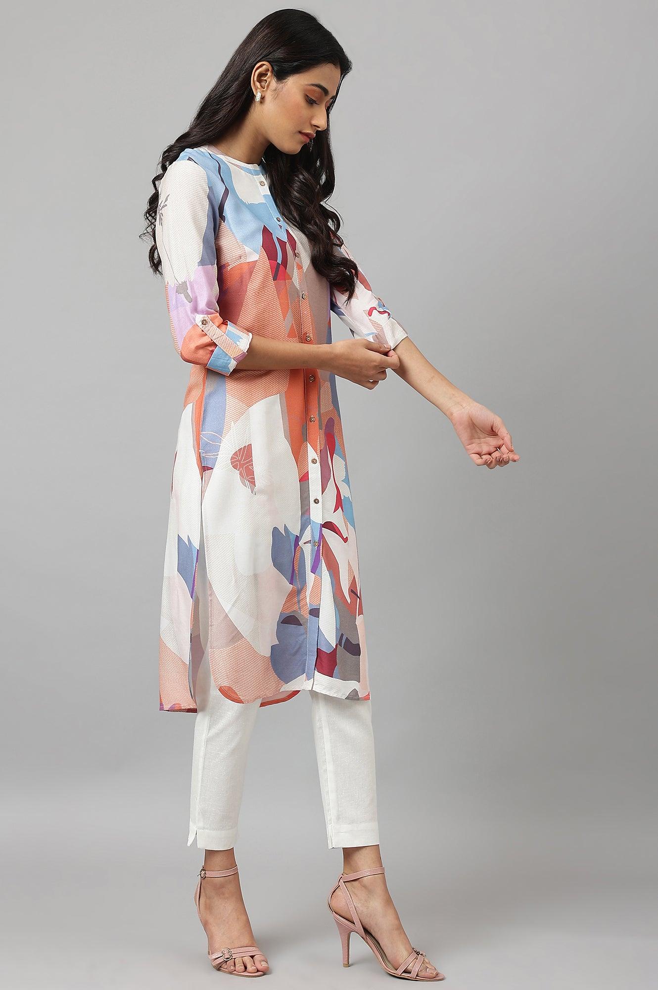 Multicoloured Full Placket Mandarin Collar kurta - wforwoman