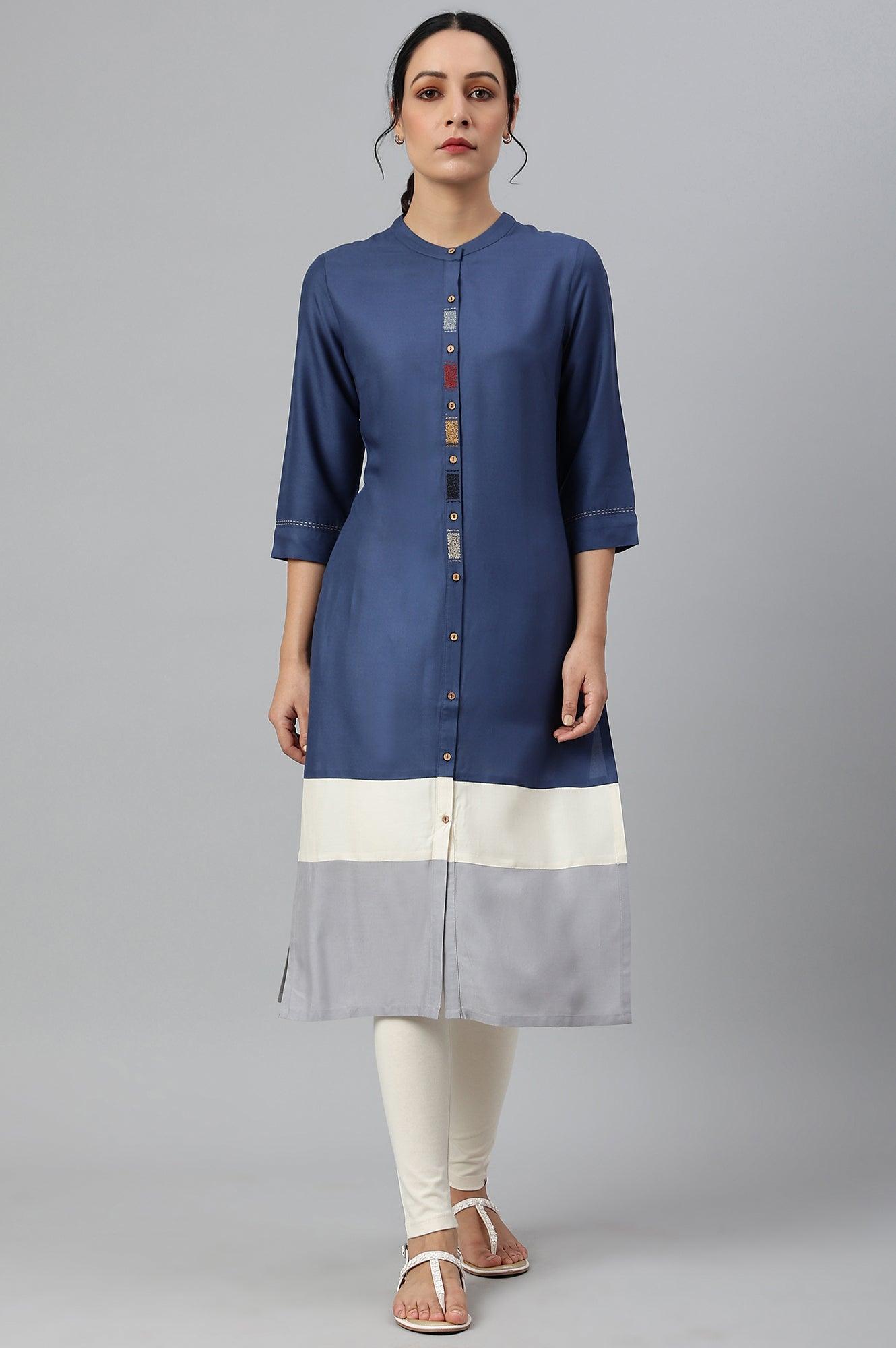 Blue And Grey Colour Block kurta - wforwoman