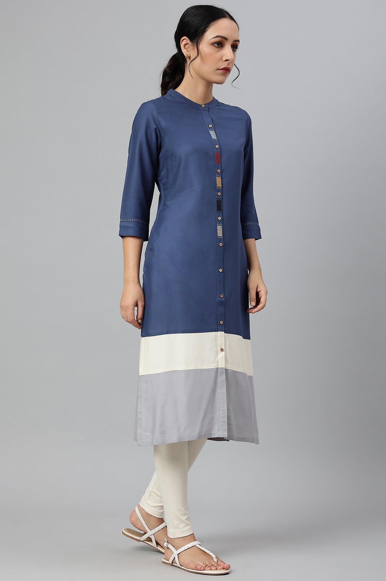 Blue And Grey Colour Block kurta - wforwoman