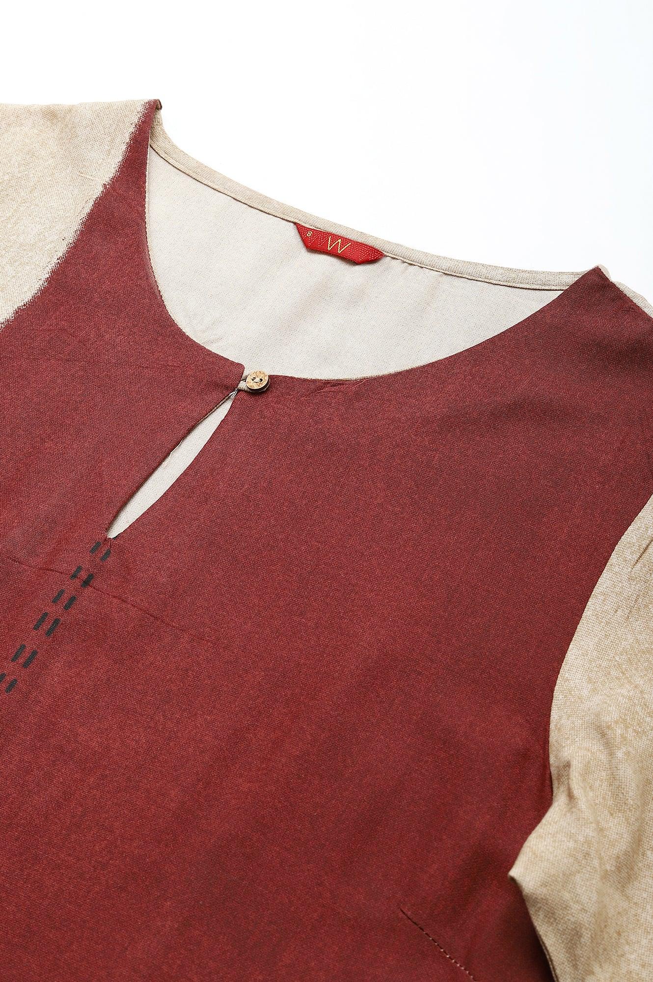 Red And Ecru Placement Print kurta In Round Neck - wforwoman