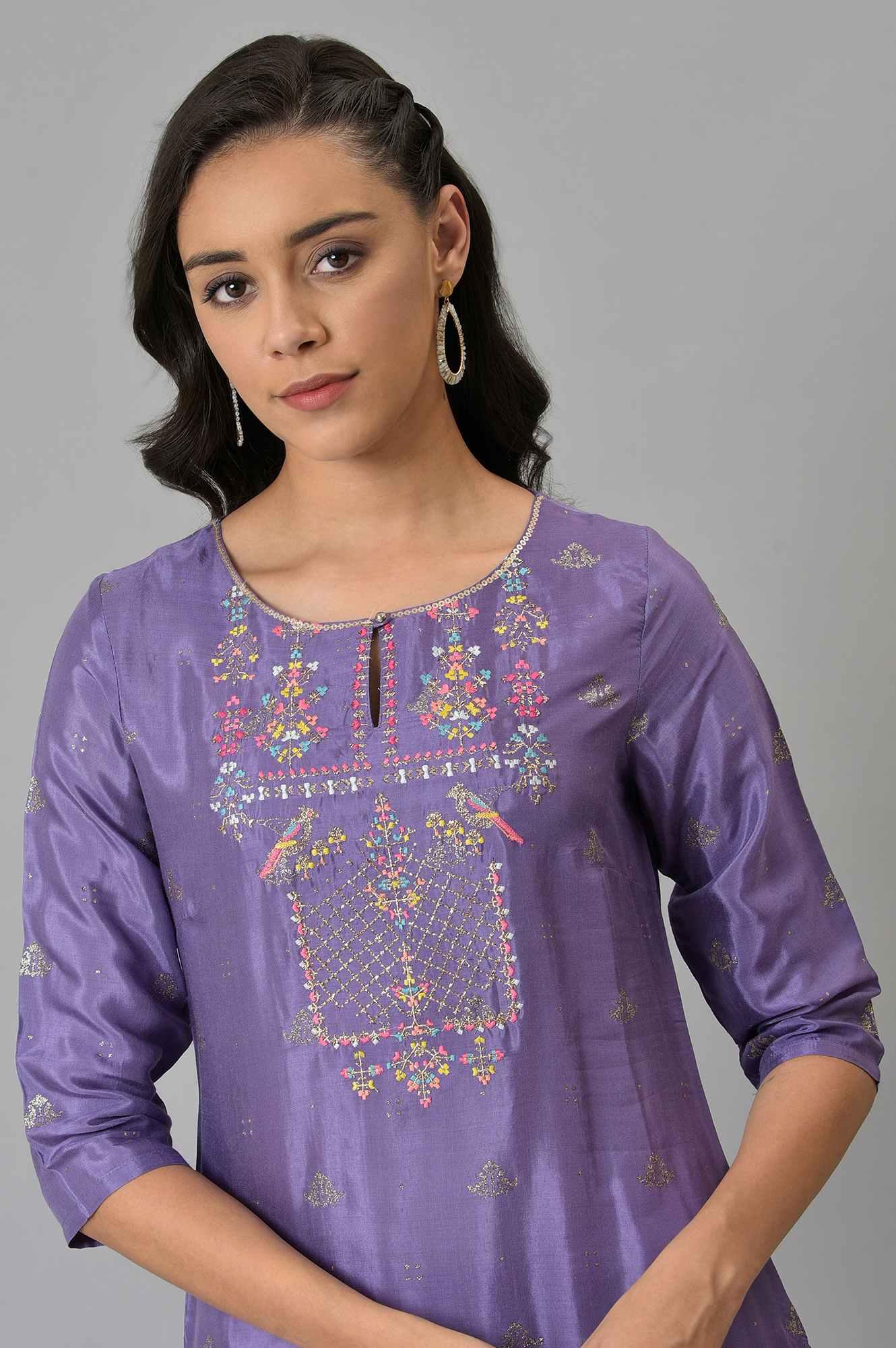 Purple Glitter Print kurta With Embroidery - wforwoman