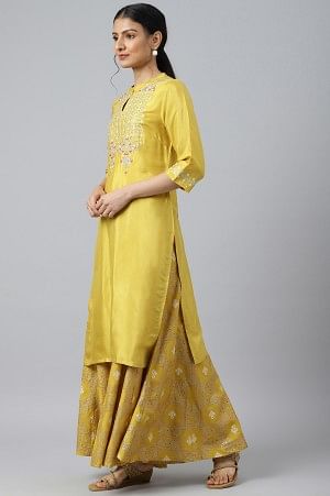 Yellow Embroidered With Sequin Work kurta And Glitter Printed Festive Culottes Set