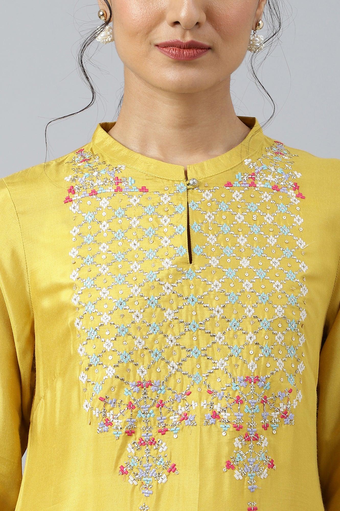 Yellow Embroidered And Sequin Work kurta - wforwoman