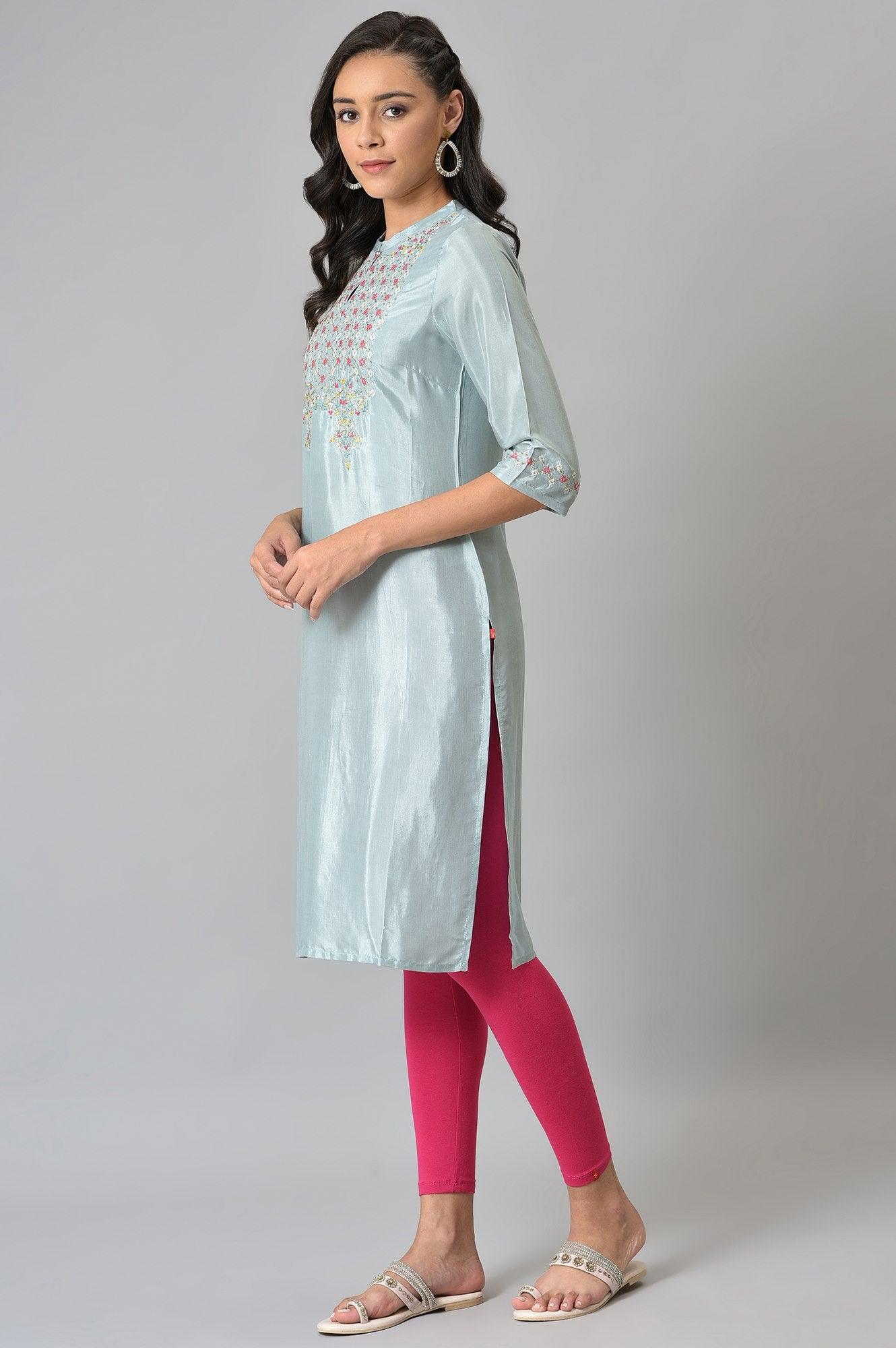 Light Blue Embroidered kurta In Mandarin Collar - wforwoman