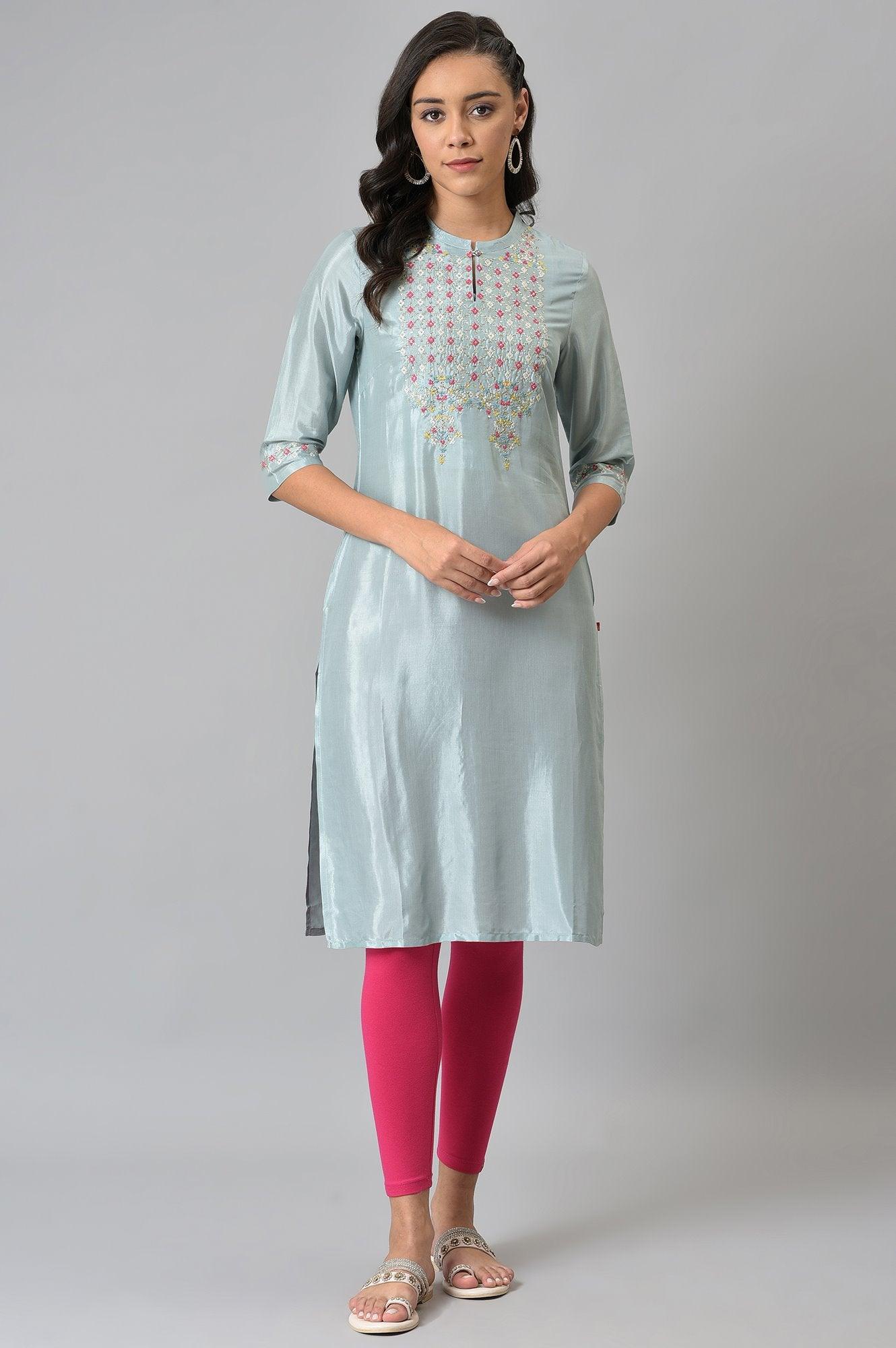 Light Blue Embroidered kurta In Mandarin Collar - wforwoman
