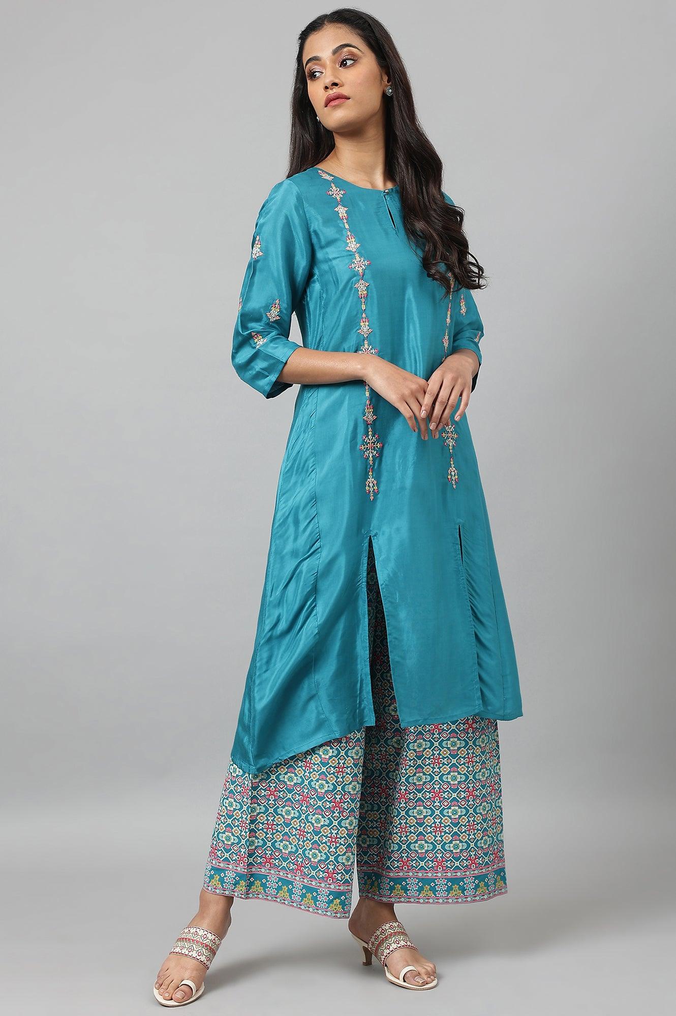Teal Embroidered kurta With Front Slit - wforwoman