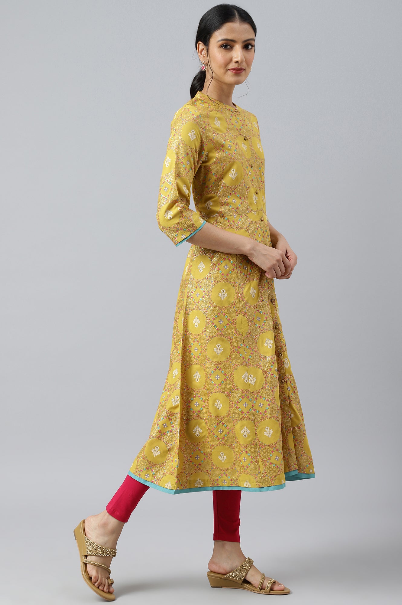 Yellow Button Down A-line Kurta - wforwoman