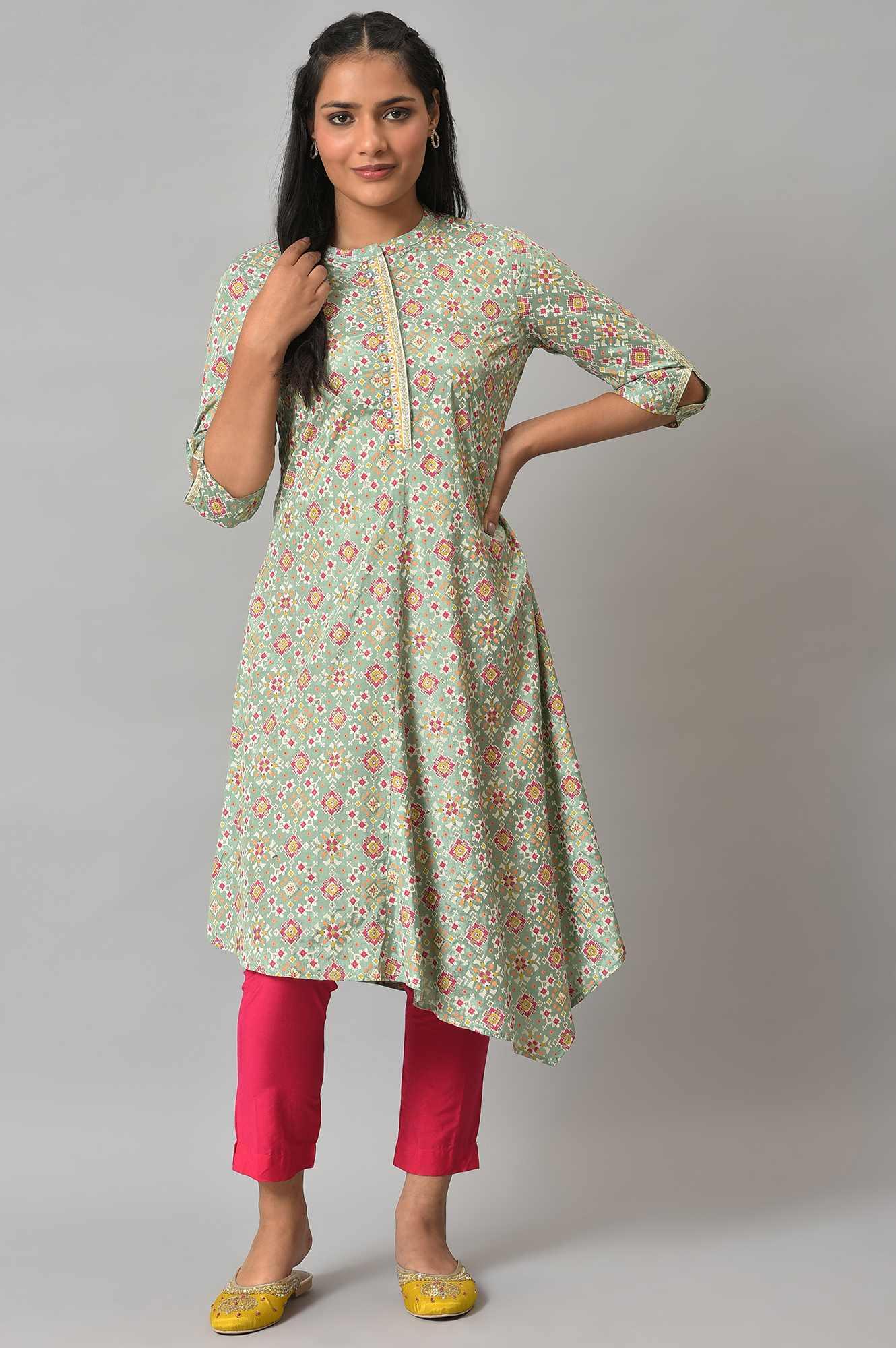 Mint Green Print kurta With Asymmetric Hemline - wforwoman
