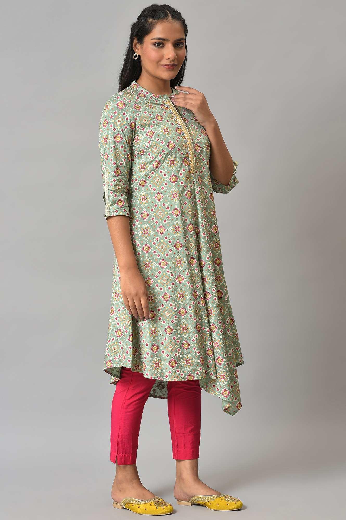 Mint Green Print kurta With Asymmetric Hemline - wforwoman