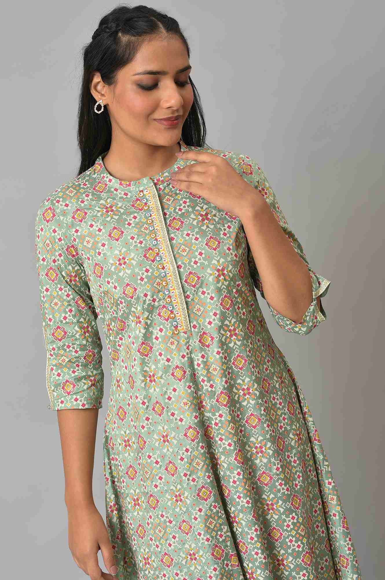 Light Green Geometric Printed Beads Shantung A-Line Kurta and Slim Pant Set
