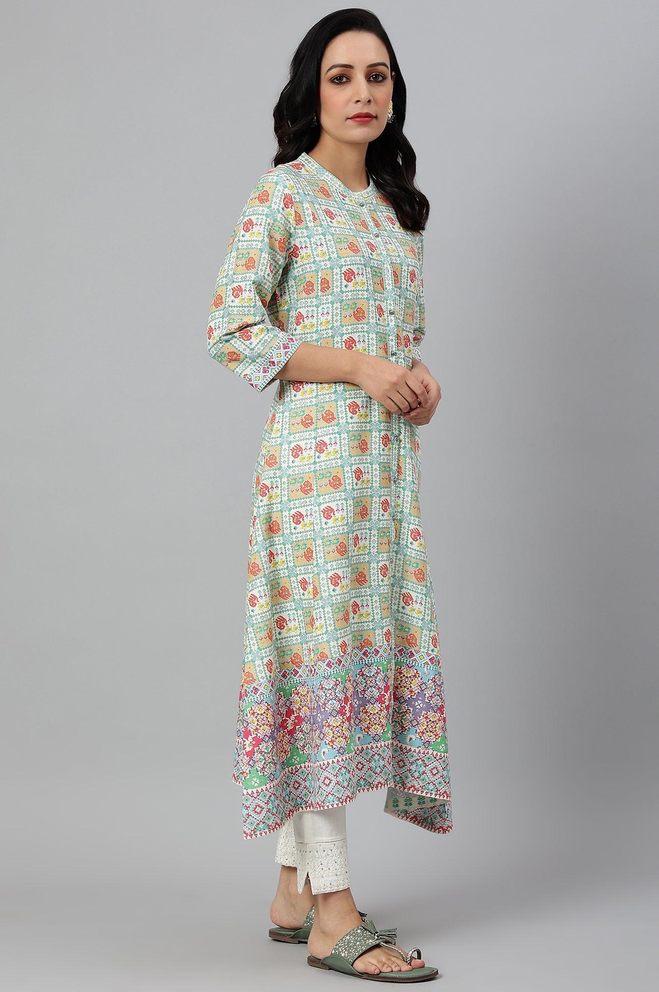 Ecru And Multicoloured Printed Flared kurta - wforwoman