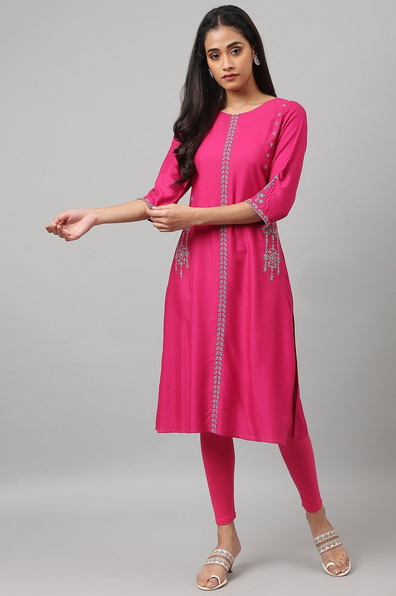 Dark Pink Embroidered A-Line kurta - wforwoman
