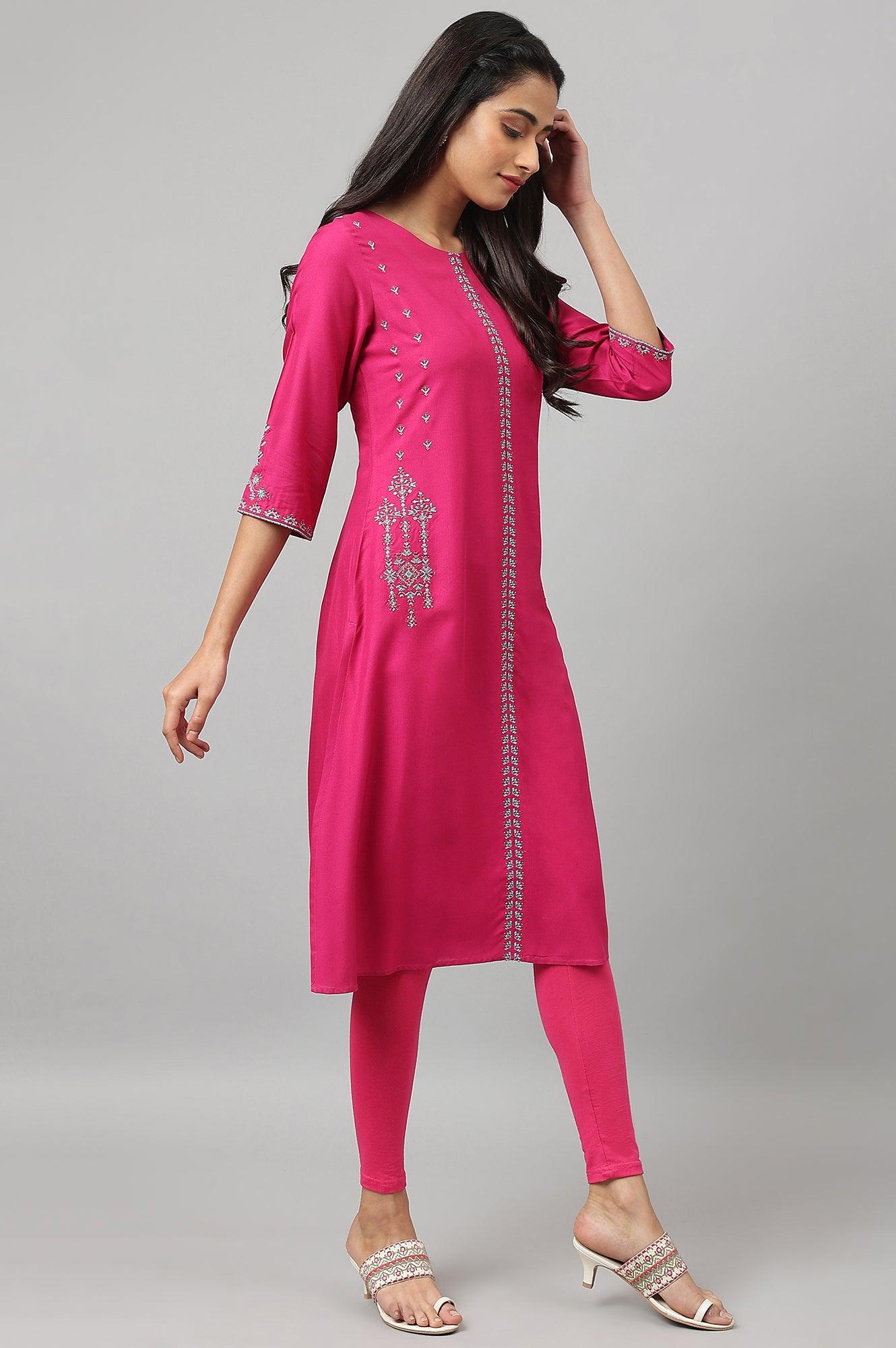 Dark Pink Embroidered A-Line kurta - wforwoman