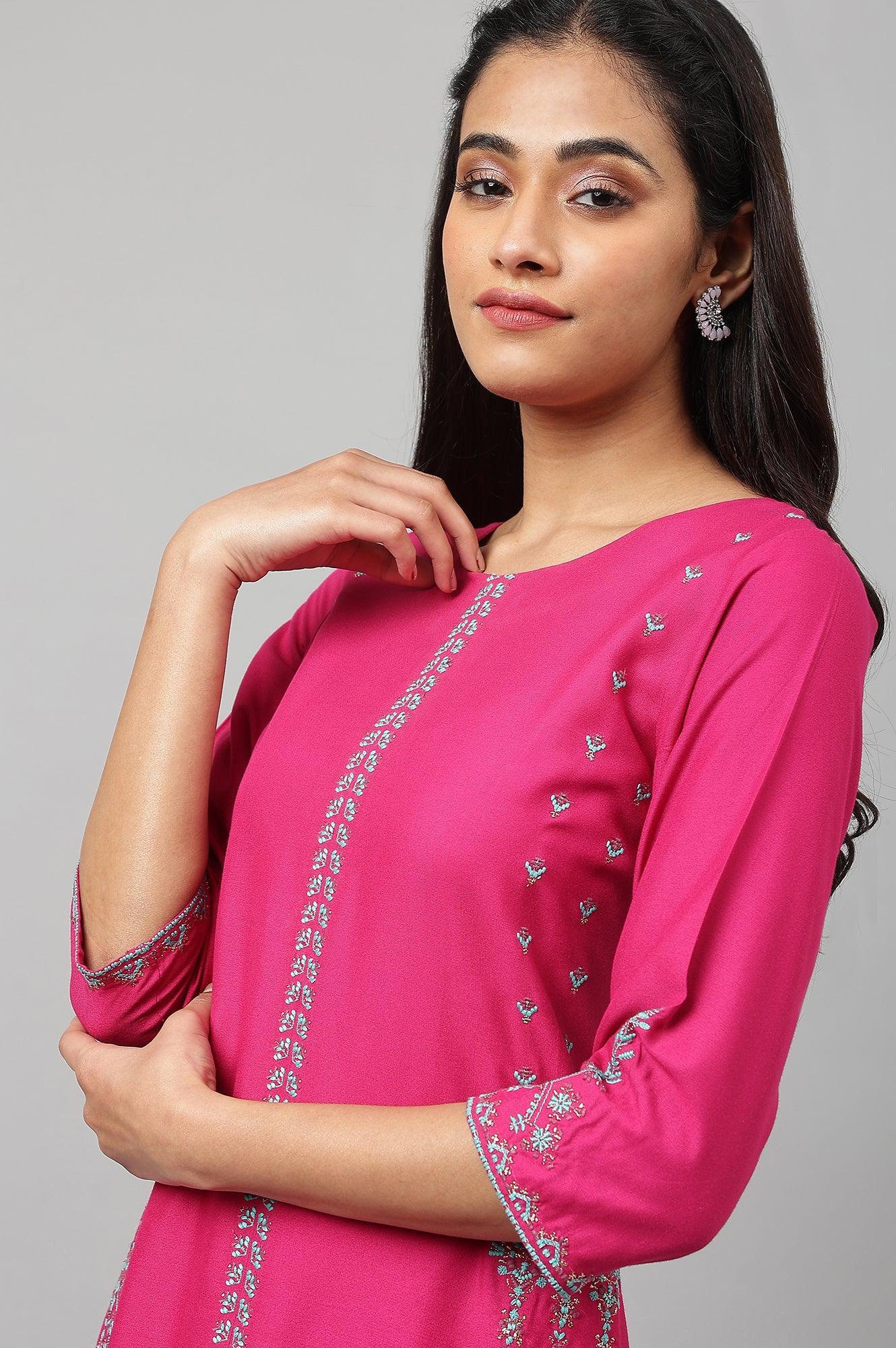 Dark Pink Embroidered A-Line kurta - wforwoman