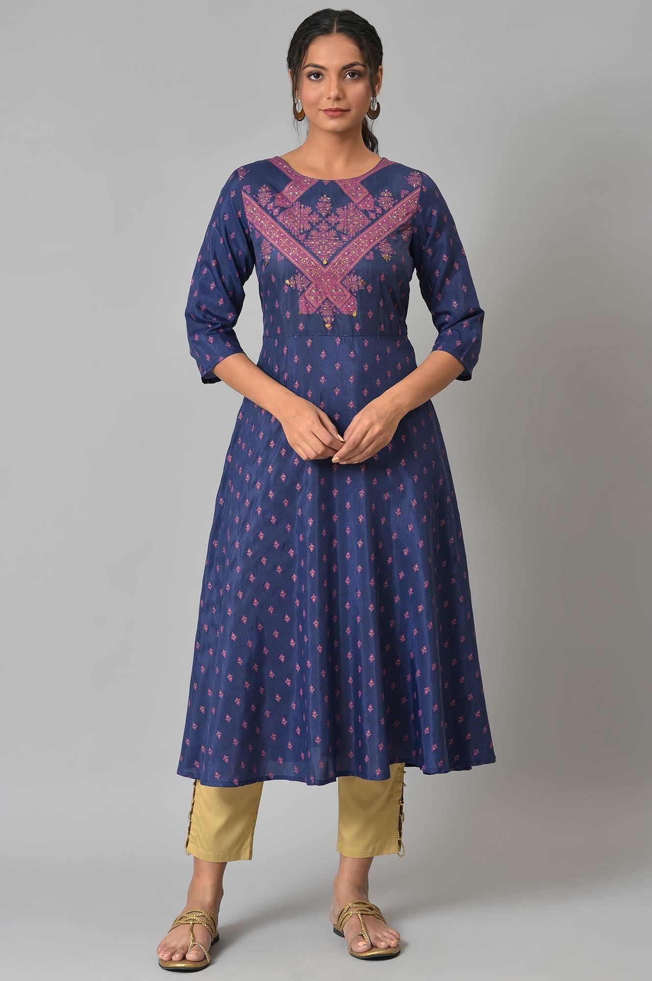 Navy Blue Circular kurta With Seqiuns - wforwoman