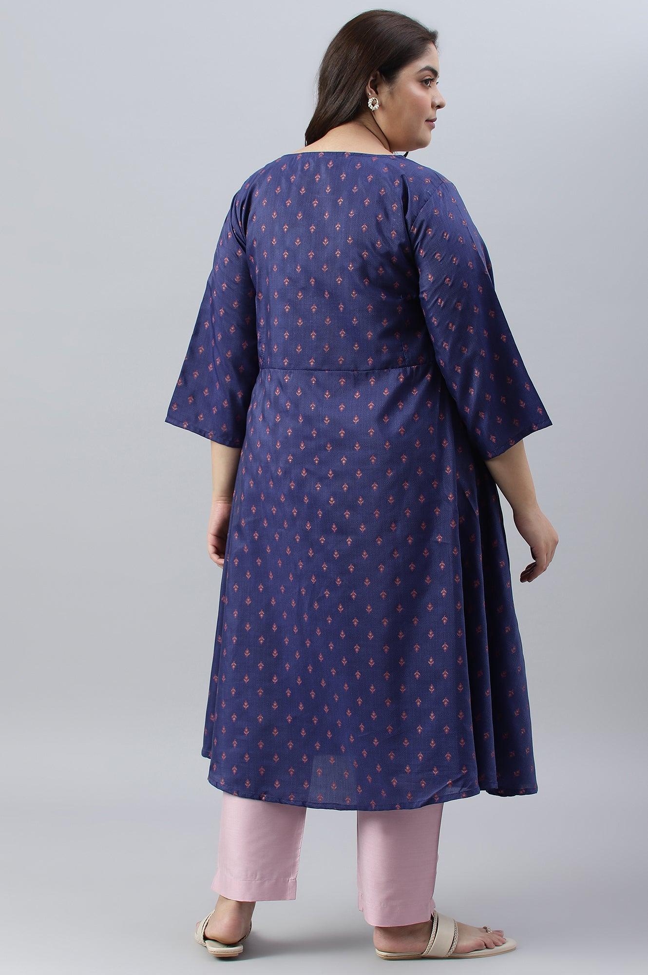 Plus Size Navy Blue Circular kurta With Seqiuns - wforwoman