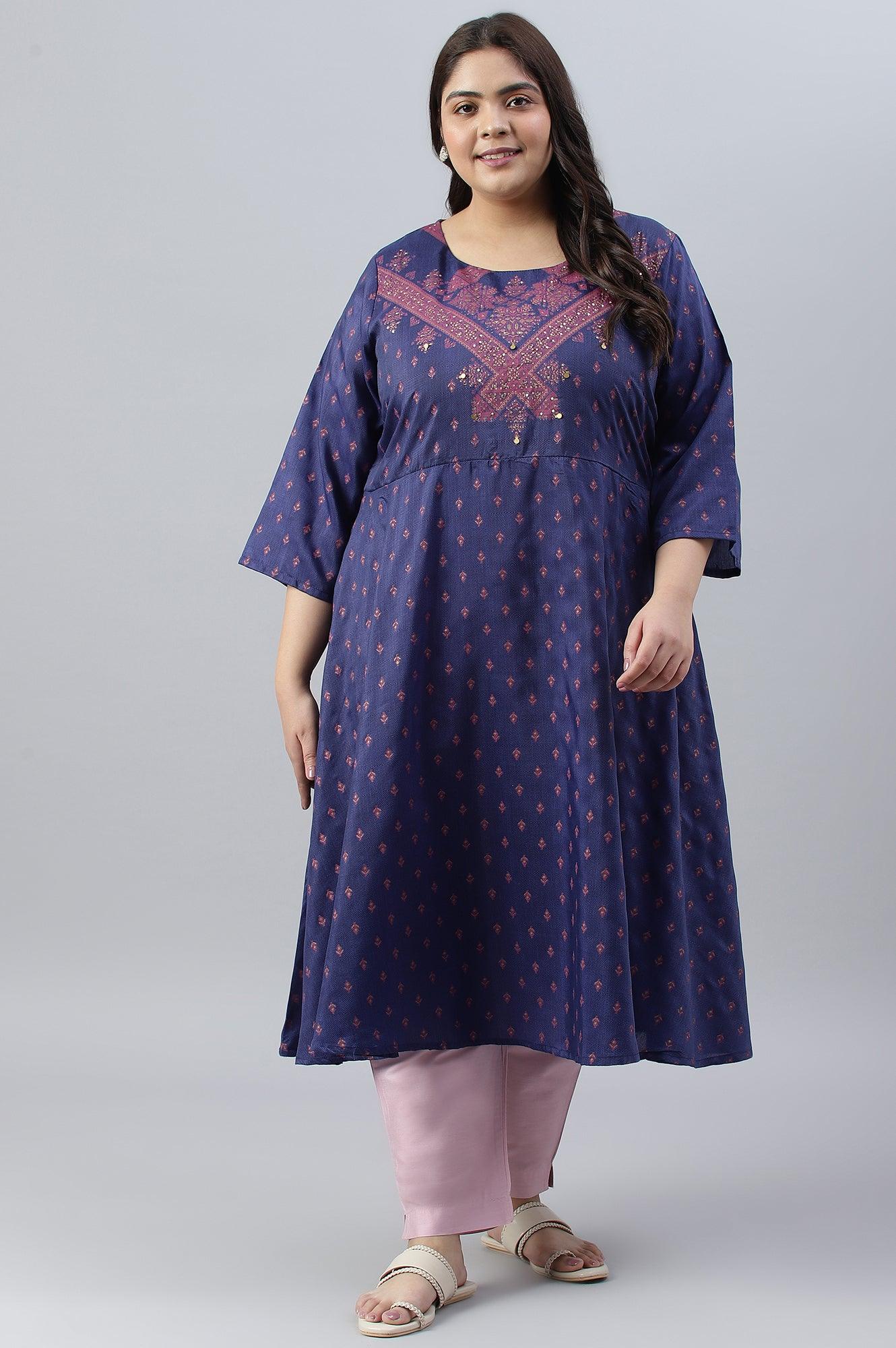 Plus Size Navy Blue Circular kurta With Seqiuns - wforwoman