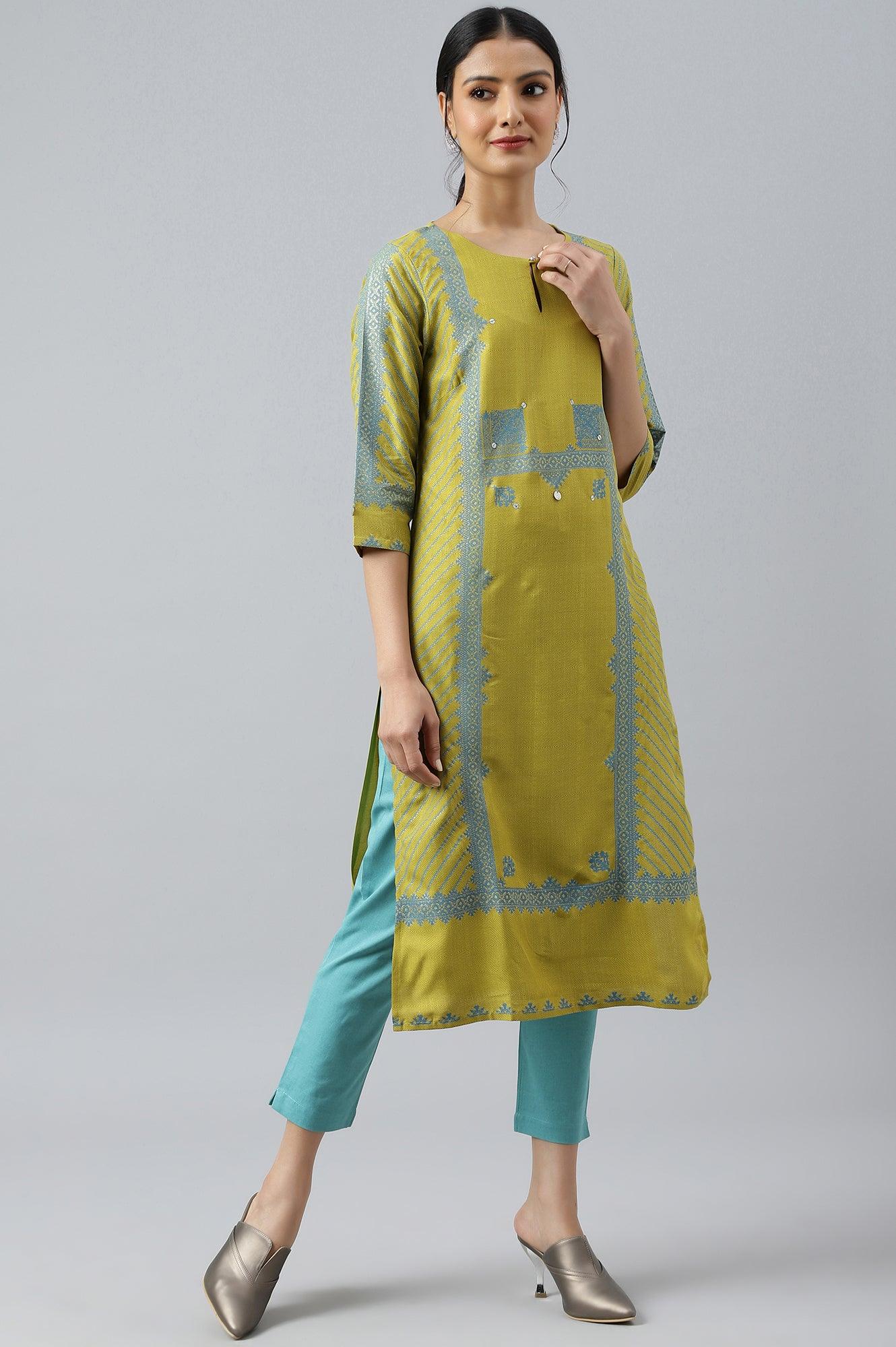 Green Placement Print Embellished kurta - wforwoman