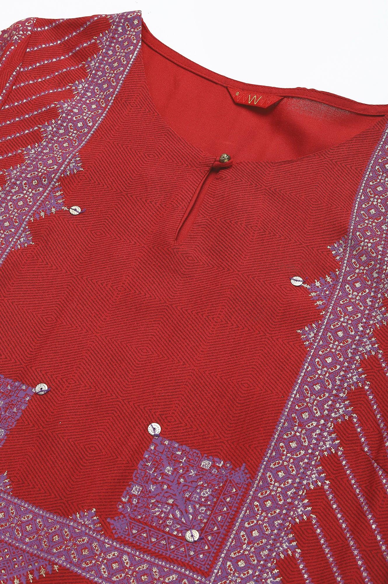 Red Placement Print Embellished kurta - wforwoman